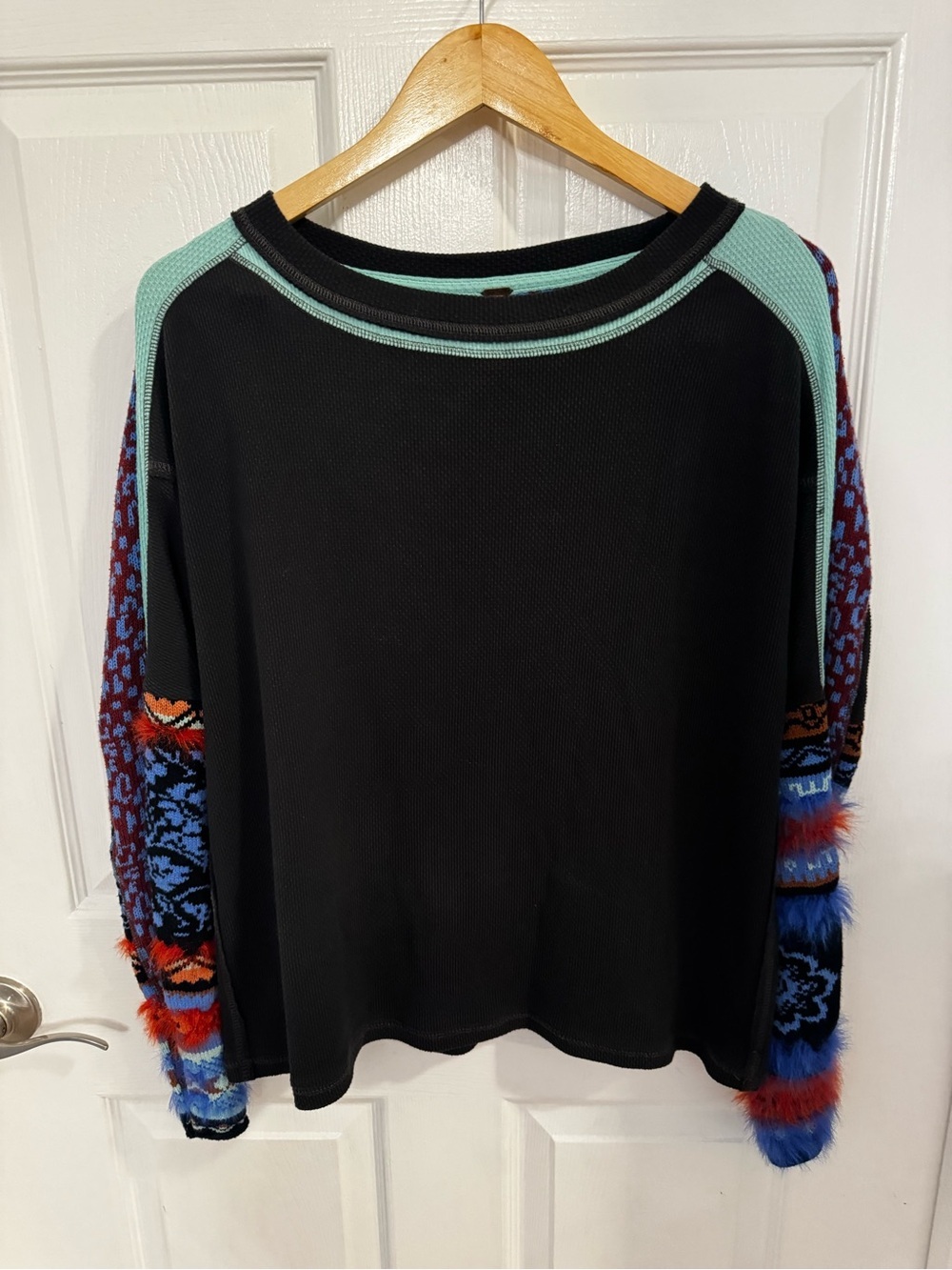 Free People Black Sweatshirt with Mint Trim and Multicolor Patterned Sleeves